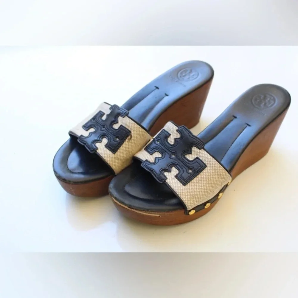 Tory Burch Black Leather and Beige Canvas Wedge Sandals